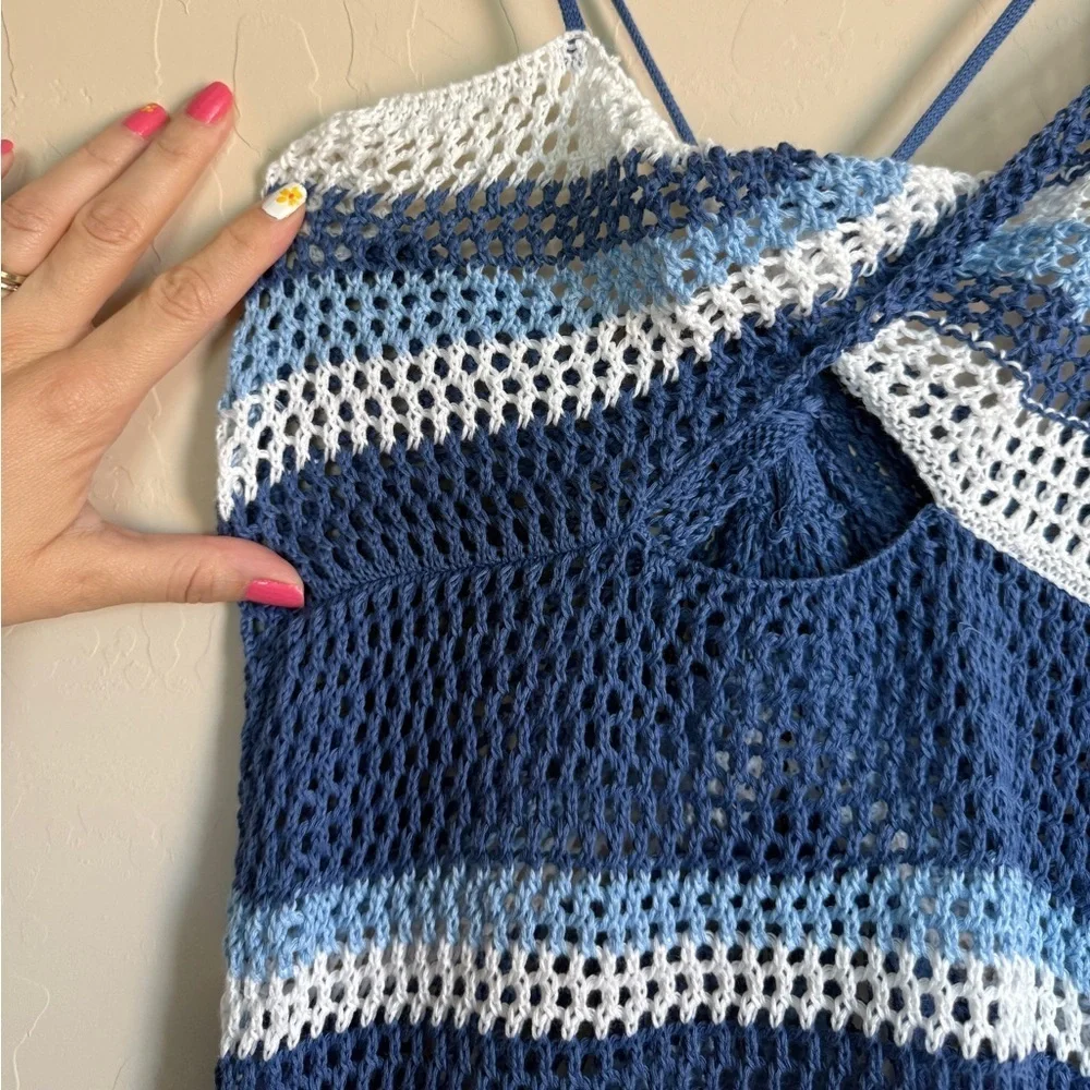 Crochet swim cover blue white striped nautical coastal beach Medium Women’s - Picture 4 of 10
